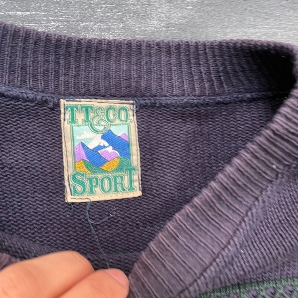vintage TT&CO Sport cotton knit sweater mens Large green 1990s striped pattern - Picture 3 of 7